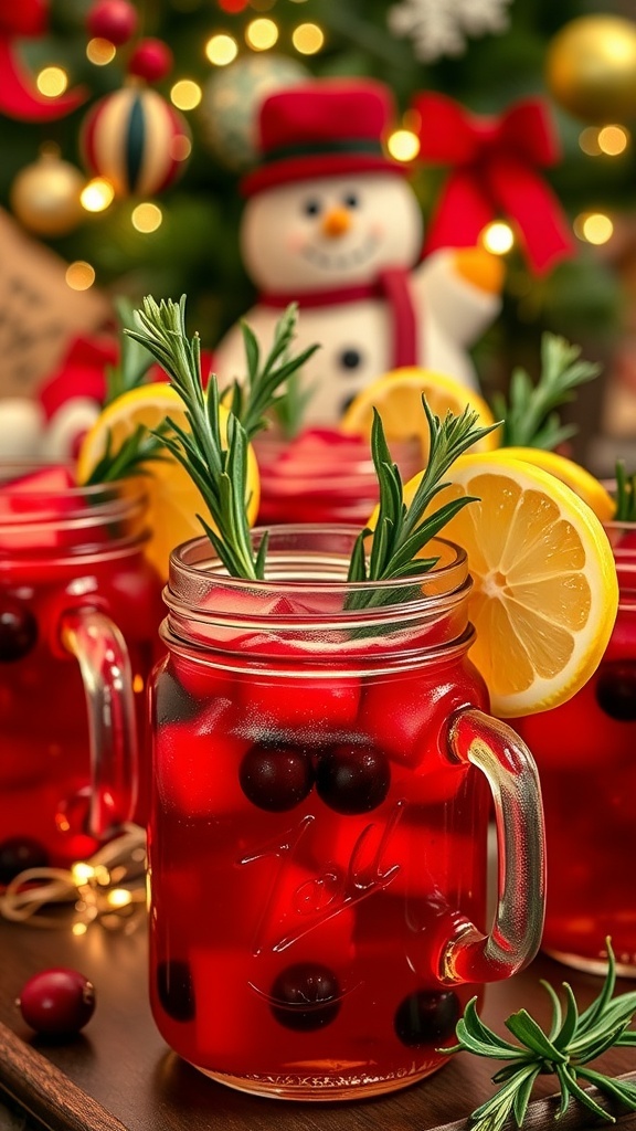 Mason jars filled with cranberry cocktails garnished with rosemary and lemon, surrounded by holiday decorations.